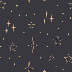 Sky seamless pattern with Mystical and Astrology elements, Space objects, planet, constellation, moon, stars, sun. Astronomy themed background texture. Starry motive.