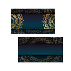 Gradient blue gradient flyer template with abstract gold ornament typography-ready.