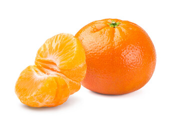 Sweet ripe mandarin slices isolated on white background. Fresh fruits.