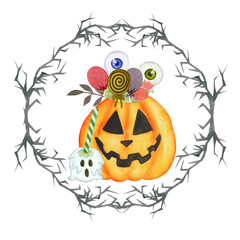 Halloween watercolor illustration, thorny wreath, pumpkin bag with candies and lollipops inside.