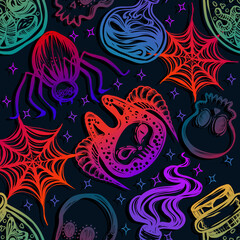 Halloween vector composition with bottles with insects, bottle with potion, skulls, spider, seamless pattern, background dark, t-shirt design