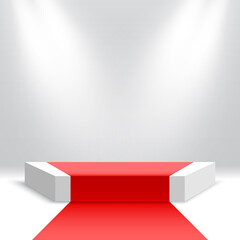 Obraz premium Podium with red carpet. Blank pedestal with spotlights. Products display platform. Stage for awards ceremony. Vector illustration.