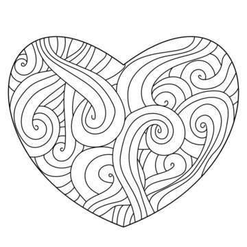 Outline heart with ornate wavy patterns, coloring valentine's day page