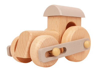 Wooden toy train locomotive vintage isolated on white background. Childhood memory or gift for kids