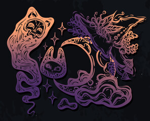 Vector composition with moon in witch hat, ghost, background  chalkboard, t-shirt design