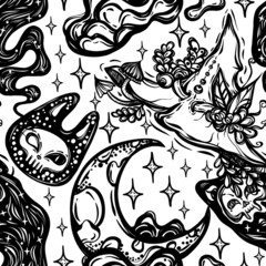 Fototapeta premium Vector composition with moon in witch hat, ghost, background light, seamless pattern, t-shirt design