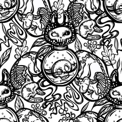 Halloween vector composition with mystical cat skeleton, bottle of potion, t-shirt design, seamless pattern, background light