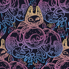 Vector composition with mystical cat skeleton, bottle of potion, t-shirt design, seamless pattern, background dark blue