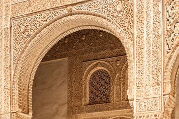 Moorish ornaments on the entrance portal of Comares Palace (Palacio de Comares), part of the Nasrid...