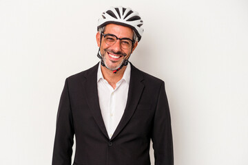 Middle age business man wearing a bike helmet isolated on blue background  happy, smiling and cheerful.