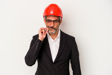 Middle age architect caucasian man isolated on white background  with fingers on lips keeping a secret.