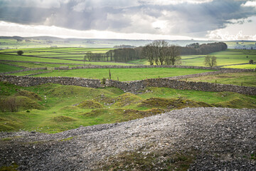 Landscape at Magpie Mine, the Peak District National Park - showing mounds of waste rock or ore hillocks