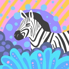 Zebra in jungles, bright vector illustration.