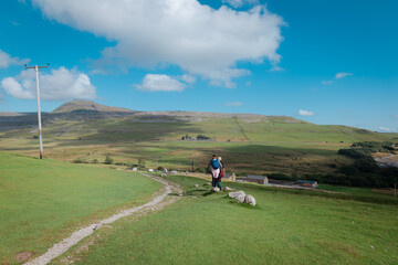 Fototapeta premium Walkers on Twistleton Lane, a roman road, with landscape views of Ingleborough Peak and White Scar Cave in the Yorkshire Dales