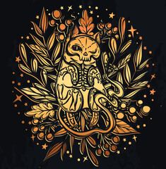 Vector composition with mystical cat skeleton lies in the grass, background  chalkboard, t-shirt design