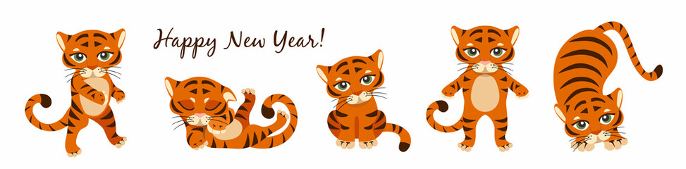 Fototapeta na wymiar Chinese New Year 2022 year of the tiger. Set of cute tigers in different poses in cartoon on white background. Fits for designing kids clothes, greeting cards, banners, posters. Vector illustration.