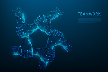 hand teamwork low poly wireframe on blue dark background. people friendship support to success. consist of lines, dots and triangle. vector illustration in fantastic digital design.