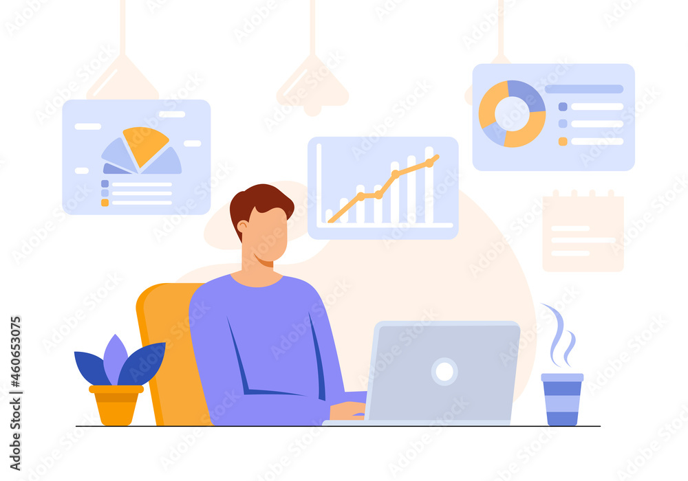 Fototapete man working with databases, analyzing, business and statistical process. big data analysis. analytic