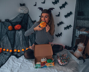 Happy Halloween! Woman enjoying party. Holiday concept.