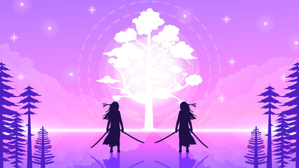 Abstract Background Ninja Warriors Persons Stars Water Trees Light Silhouette Water Clouds Sky People Vector Design Style