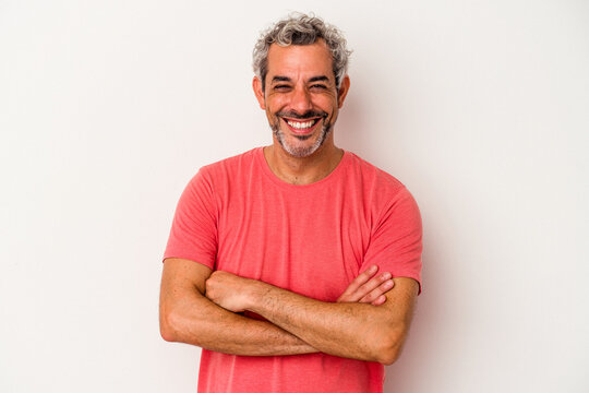 Middle Age Caucasian Man Isolated On White Background  Who Feels Confident, Crossing Arms With Determination.