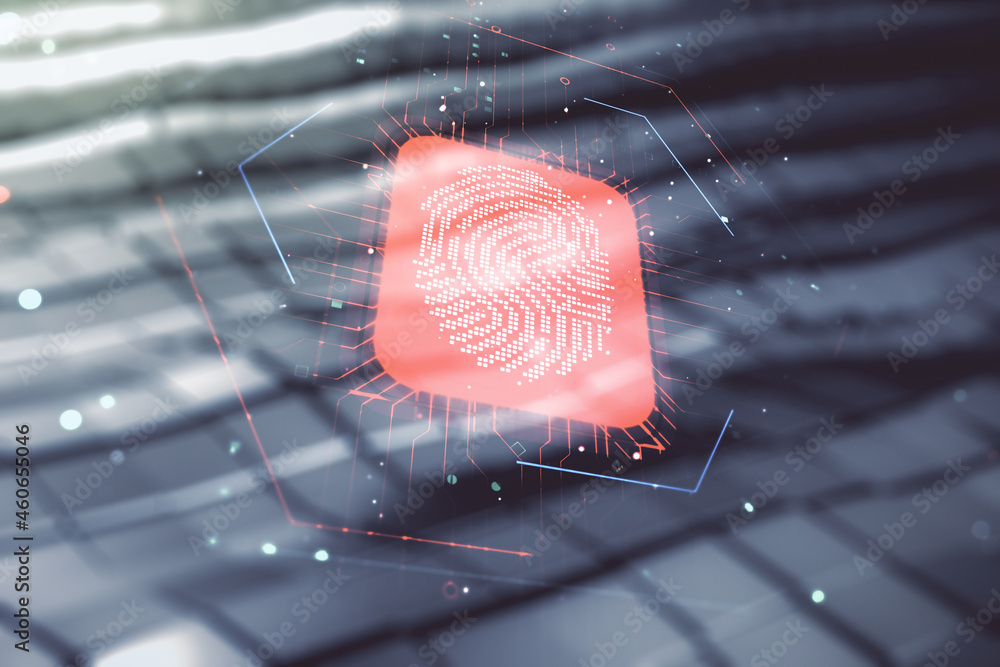 Poster multi exposure of virtual fingerprint scan interface on shiny metal background, digital access conce