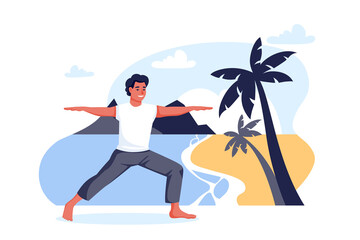 Obraz na płótnie Canvas Guy stands in a warrior pose on sea beach. Outdoor yoga exercise practice. Vector cartoon character illustration