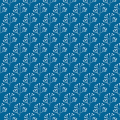 Vector seamless pattern with leaves on a blue background. Isolated elements. Abstract winter template.