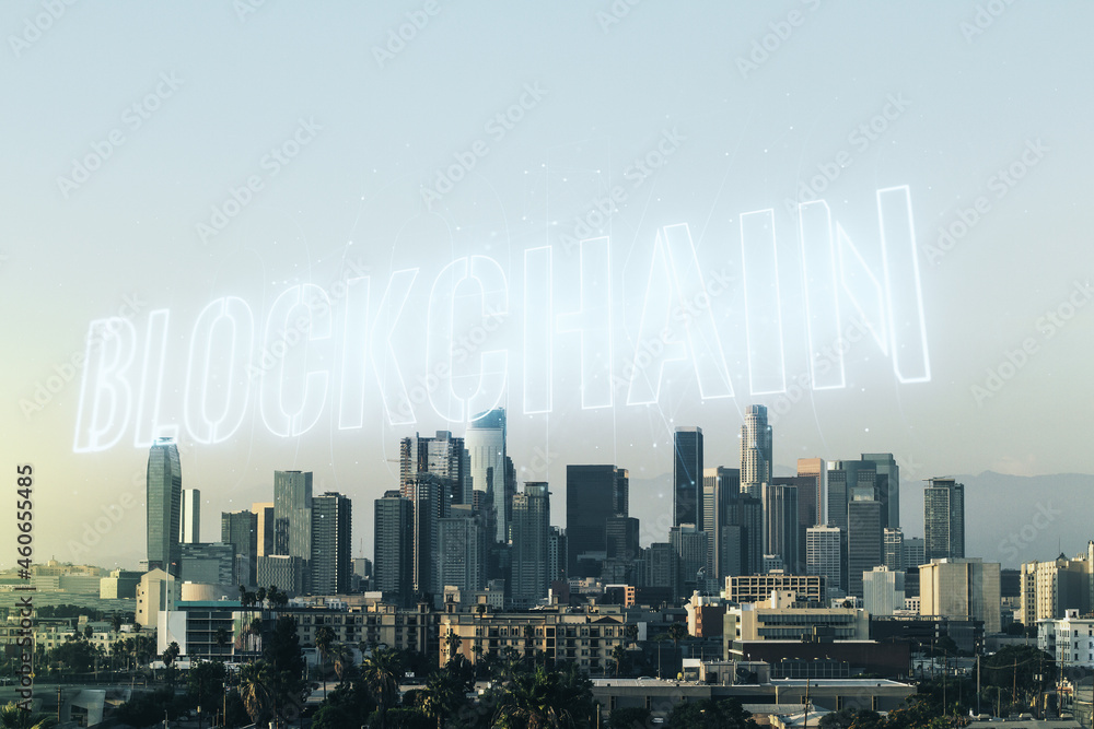 Poster abstract virtual blockchain technology hologram on los angeles cityscape background, cryptography an