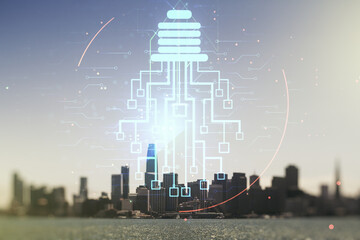 Virtual creative light bulb illustration with microcircuit on San Francisco cityscape background, future technology concept. Multiexposure