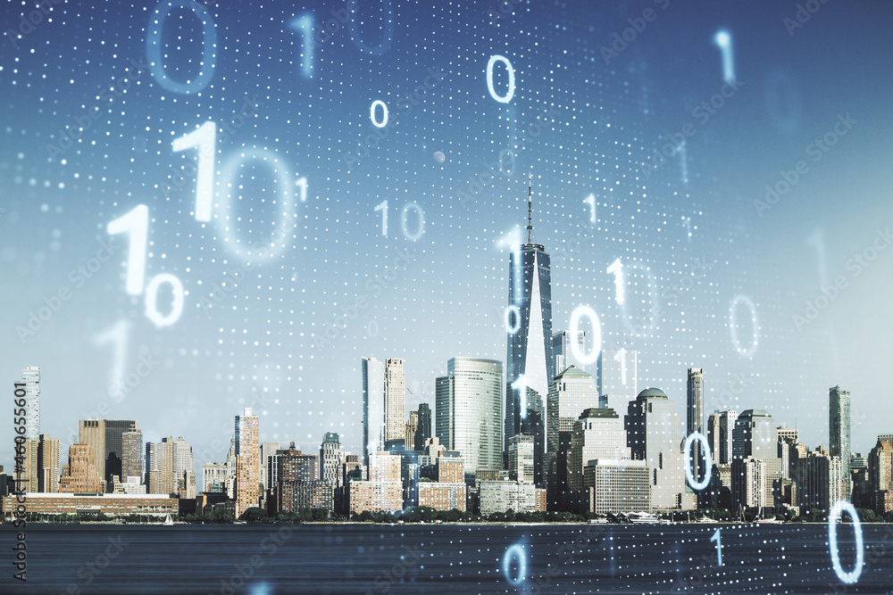 Poster double exposure of abstract virtual binary code hologram on new york city skyscrapers background. da