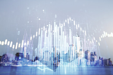 Fototapeta na wymiar Double exposure of abstract creative financial chart hologram on New York skyscrapers background, research and strategy concept