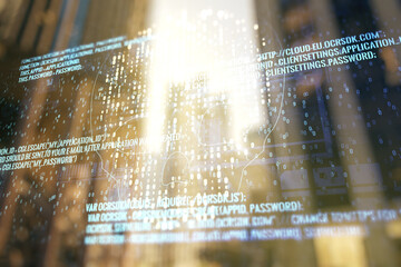 Abstract virtual code skull hologram on modern architecture background, cybercrime and hacking...
