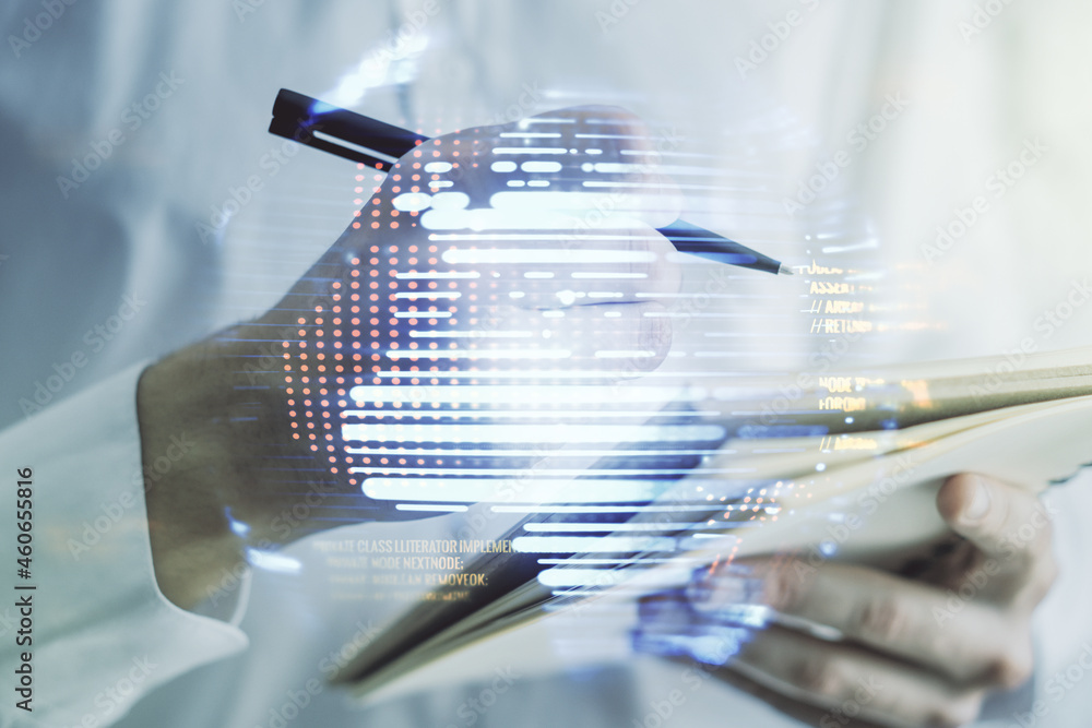 Poster double exposure of abstract creative programming illustration with world map and man hand writing in