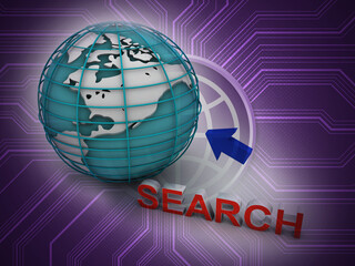 3d rendering Conceptual internet illustration with search bar over world globe and arrow cursor