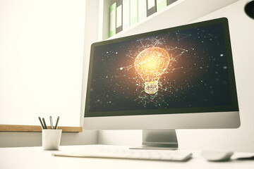 Creative light bulb hologram on modern laptop monitor, idea concept. 3D Rendering