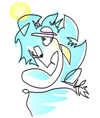 One line drawing of beautiful young woman is sitting tree.
One continuous line drawing of reading book concept.