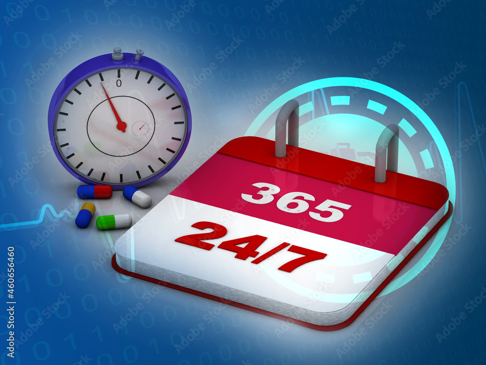 Poster 3d rendering text 365 ,24x7 with stopwatch