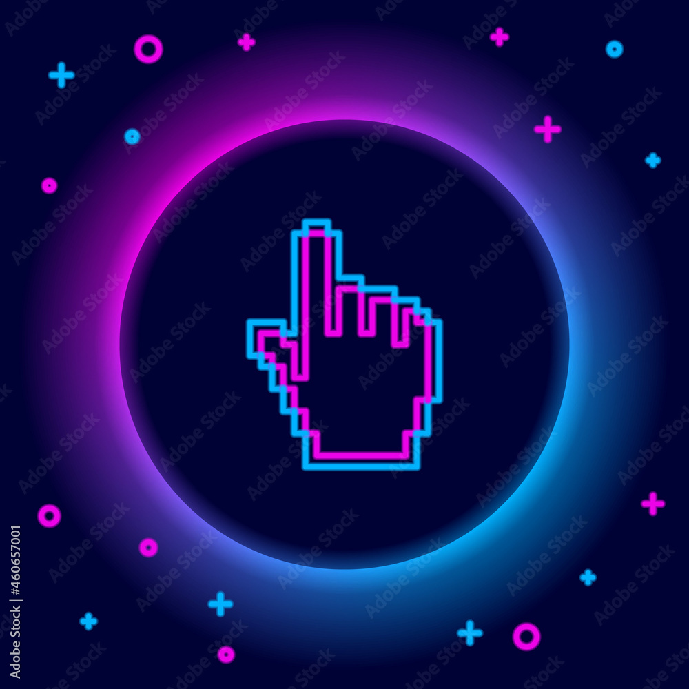 Poster glowing neon line pixel hand cursor icon isolated on black background. pointer hand cursor. colorful