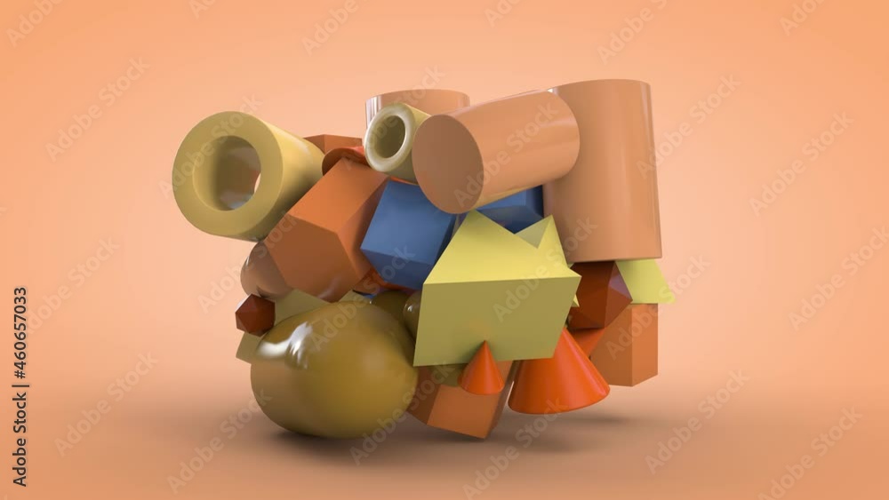 Poster loop 3d animation of a set of multicolored spheres that turn into a set of primitives, geometric sha