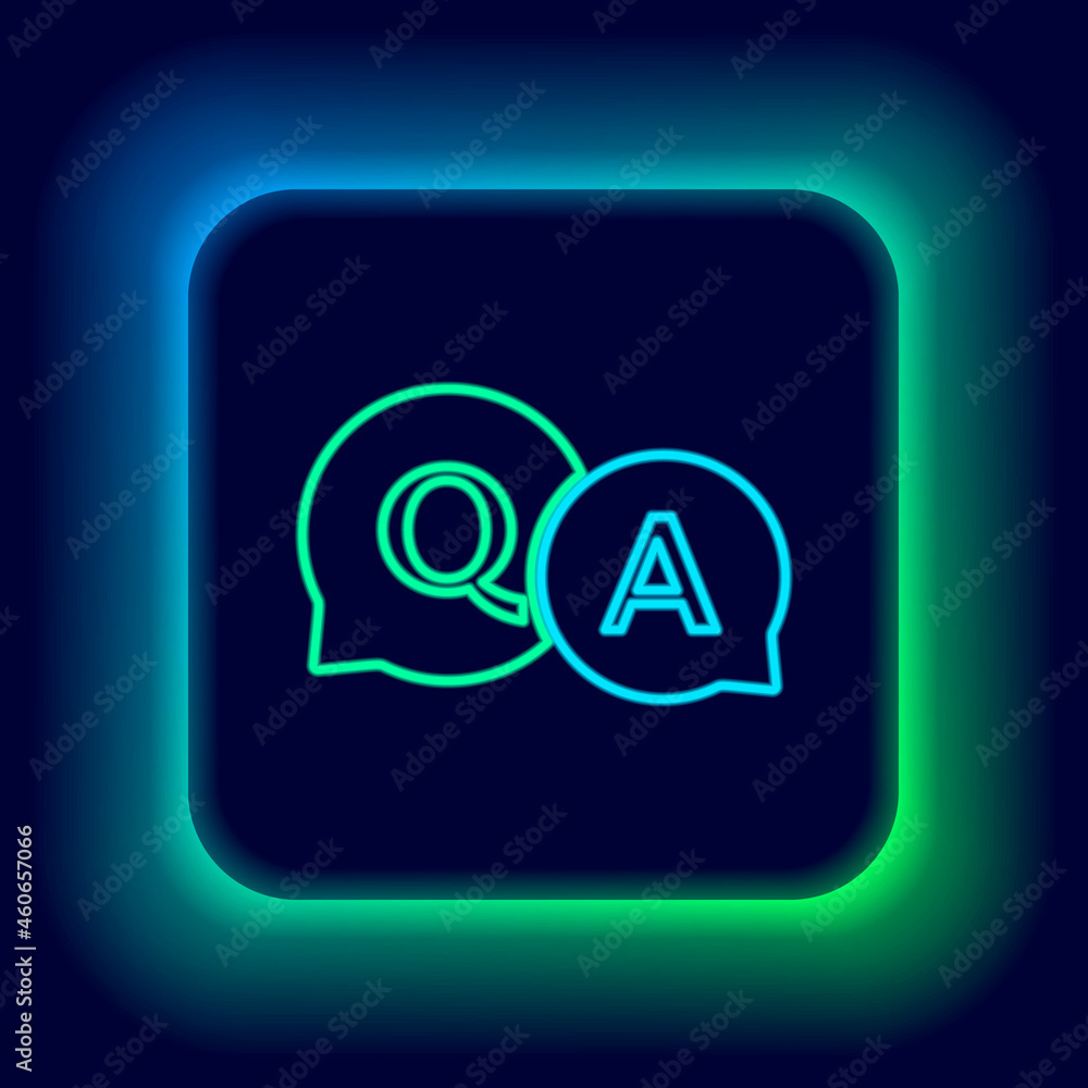 Poster glowing neon line speech bubbles with question and answer icon isolated on black background. q and a