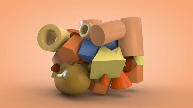 Loop 3d animation of a set of multicolored spheres that turn into a set of primitives, geometric shapes and transform into spheres again. 3d Abstract composition.