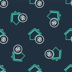 Line House with dollar symbol icon isolated seamless pattern on black background. Home and money. Real estate concept. Vector