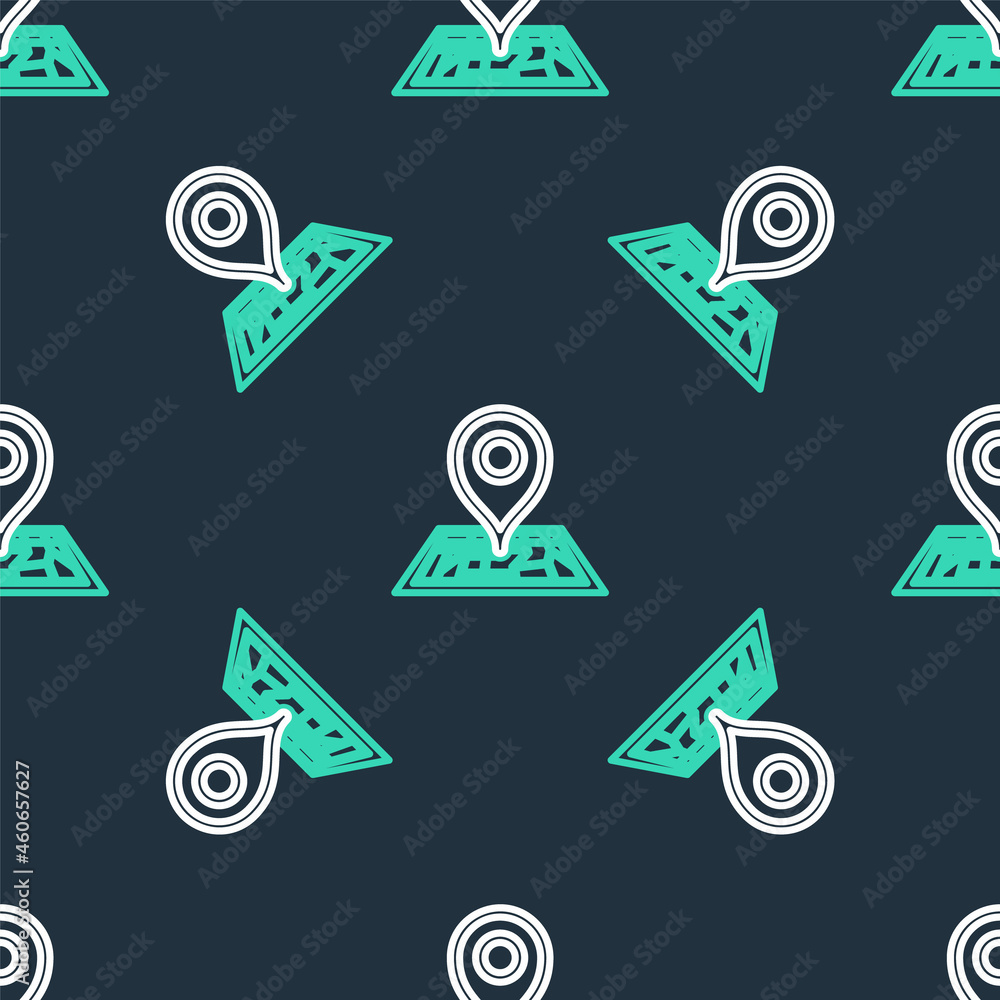 Poster line placeholder on map paper in perspective icon isolated seamless pattern on black background. vec