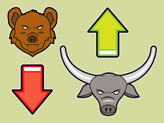 illustration of a bear's head and a bull's head which is an icon of stock market conditions when it is up and down