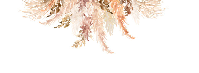 Obraz premium Pampas grass border painted in watercolor. Boho floral neutral colors frame. Botanical boho arrangement isolated on white. Bohemian style wedding invitation, greeting, card, stickers, scrapbooking