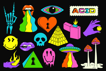 Acid sticker set. Acidic abstract smiles, objects and icons. Funny color pictures in trendy psychedelic style. Vector illustration