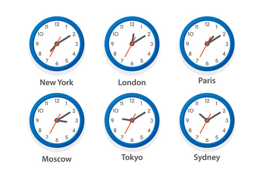 Flat Vector Wall Office Clock Icon Set. Time Zones of Different Cities, White Dial. Design Template of Wall Clock, Timezones. Closeup. Top, Front View