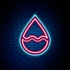 Glowing neon line Water drop icon isolated on brick wall background. Colorful outline concept. Vector