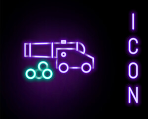 Glowing neon line Cannon with cannonballs icon isolated on black background. Medieval weapons. Colorful outline concept. Vector